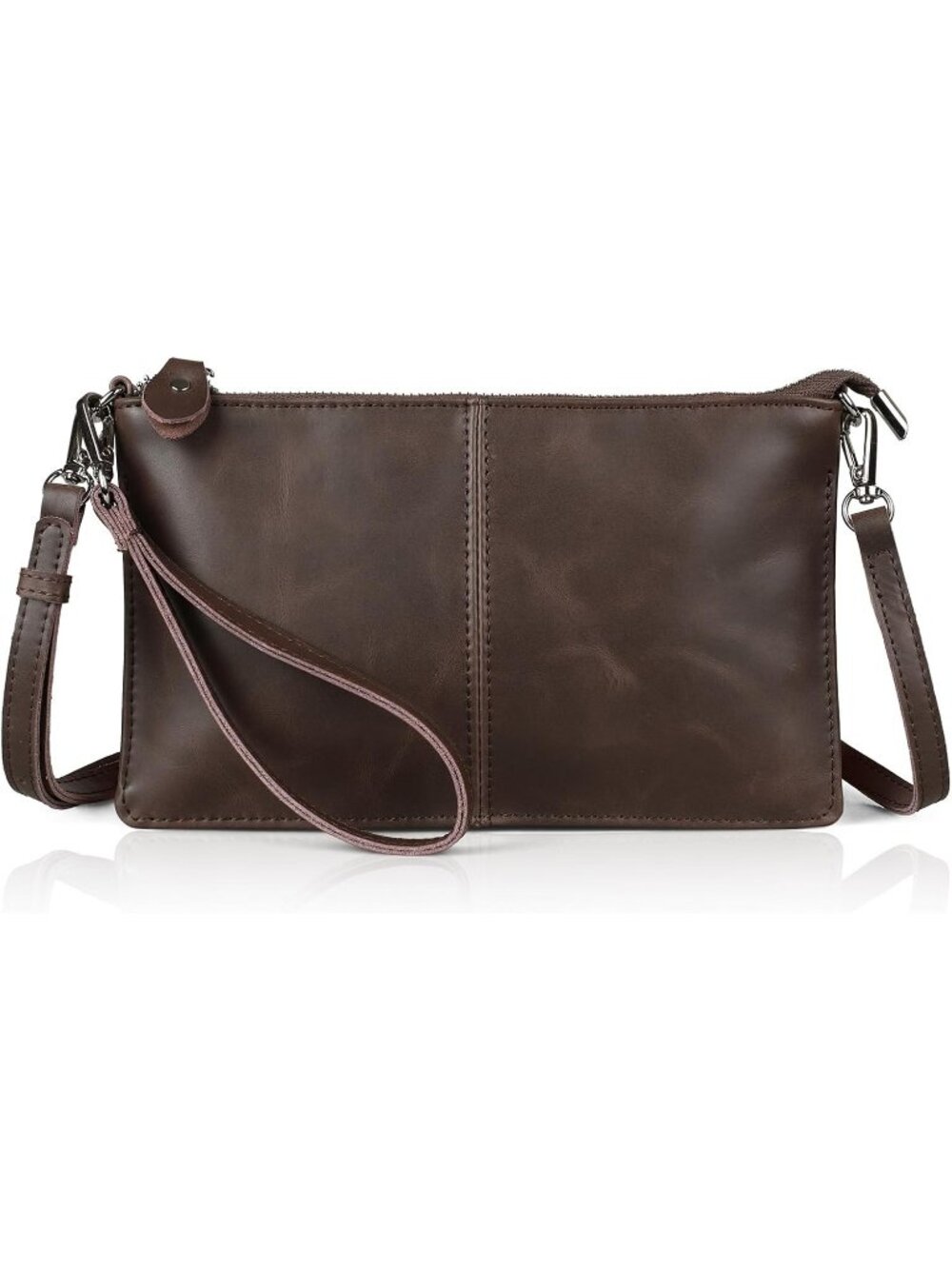 Women's Mocha Genuine Leather Wristlet Clutch Phone Wallet Small Crossbody Purse